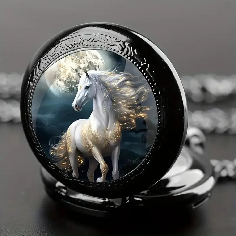 White Arab Horse Quartz Pocket Watch • Flowing Mane & Tail • Full Moon • Pendant